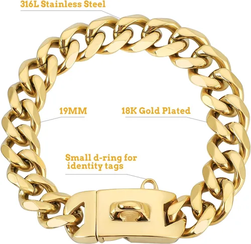 Vista 2 de BAOBOTE Collar de perro de cadena de oro de 19 mm, lujoso collar de eslabones cubanos para perros con hebilla de broche de seguridad para Pitbulls