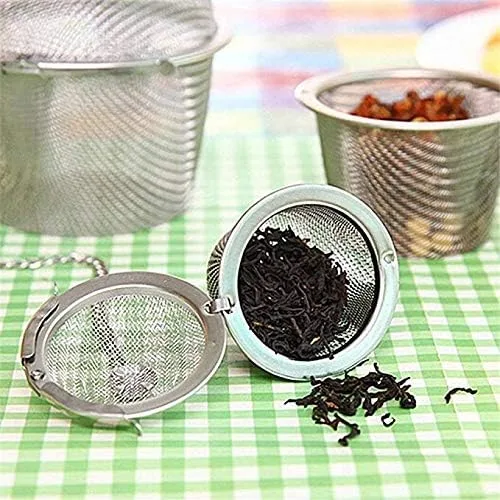 Vista 2 de 4 unids tapa encadenada acero inoxidable té colador malla infusor forma bola de té especias condimento bolsa herramientas de cocina