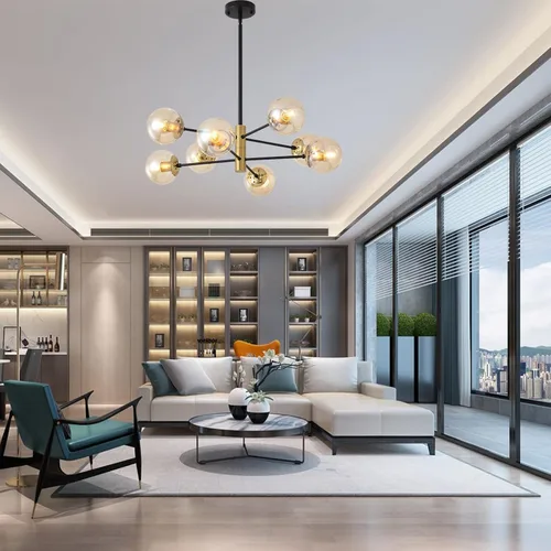 Vista 2 de 8 Lights Modern Sputnik Chandeliers, Mid Century Light Fixture with Glass Shade, Height Adjustable Recessed Ceiling Light fixtures for Dining Room