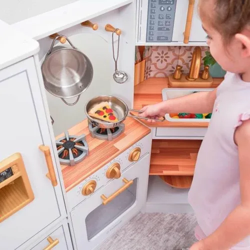 Vista 7 de KidKraft Ultimate - Cocina de esquina de madera con luces y sonidos, teléfono de juego y cortinas, blanco