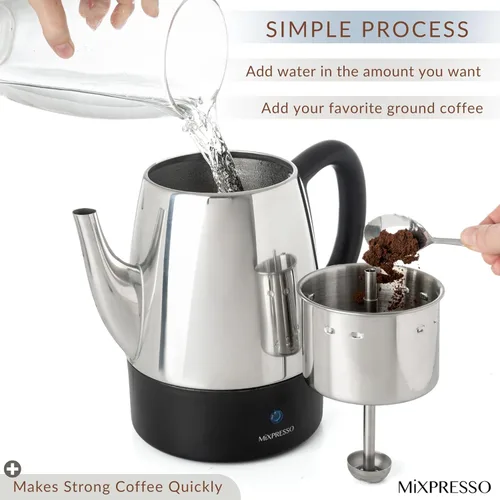 Vista 9 de Mixpresso Pequeña cafetera eléctrica de 4 tazas, cafetera de acero inoxidable, Percolador de café eléctrico con función de mantener el calor, 4