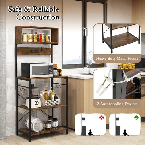 Vista 8 de Giantex Estante para panaderos con toma de corriente, soporte de microondas de 5 niveles con 10 ganchos en forma de S, estante de almacenamiento