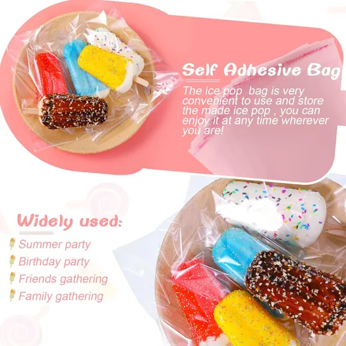 Vista 5 de Patelai Juego de 300 palitos de hielo y bolsas de plástico, bolsas de plástico autoadhesivas transparentes y palitos de paletas de hielo
