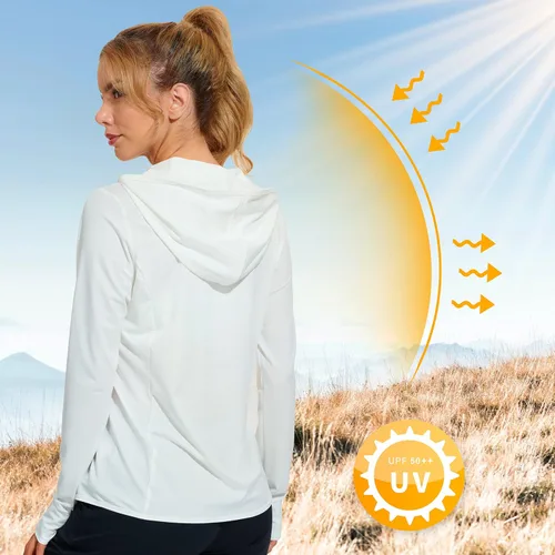 Vista 2 de Libin sudadera con capucha para mujer, con cremallera completa, UPF 50+, capucha con protección solar, de manga larga, para senderismo