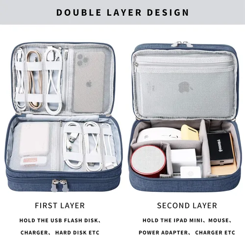 Vista 3 de Lanola Bolsa organizadora de cables de viaje, funda de accesorios electrónicos, bolsa de almacenamiento portátil de doble capa para cable, teléfono