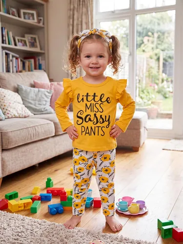 Vista 6 de KuKitty Conjunto de 3 piezas de ropa de bebé niña de manga larga con letras y pantalones casuales y diadema Amarillo