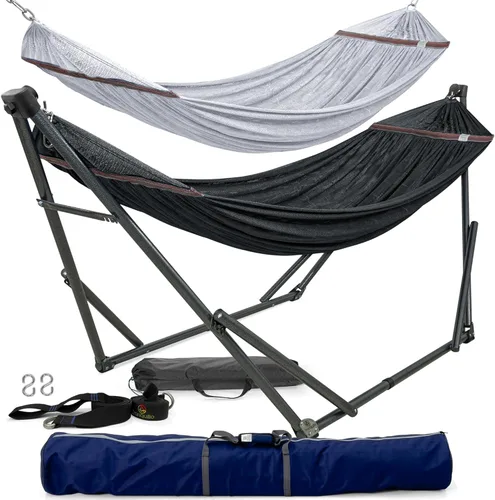 Vista 14 de Tranquillo Hamaca doble universal con soporte incluido para 2 personas/soporte plegable para hamaca de 600 libras de capacidad, estuche portátil