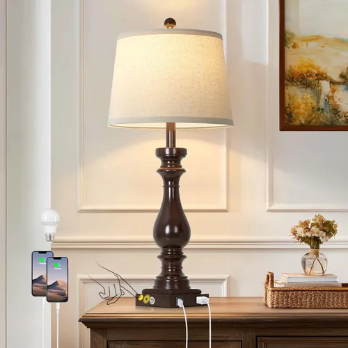 Vista 8 de Cinkeda 29" Tall Farmhouse Table Lamp for Living Room,Vintage Retro Nightstand Lamps with USB C+A Ports & AC Outlet,3-Way Dimmable Touch Bedside