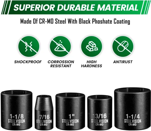 Vista 4 de Steel Vision Tools Juego de 13 piezas de 1/2 pulgada SAE de impacto con unidad de enchufe profundo Acero cromo-molibdeno EncHUFES de impacto