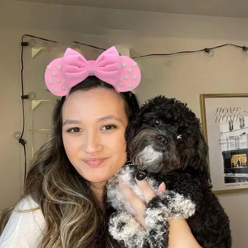 Vista 4 de Diadema de terciopelo rosa con orejas de ratón para mujeres y niñas, diadema rosa con orejas de Minnie para cumpleaños