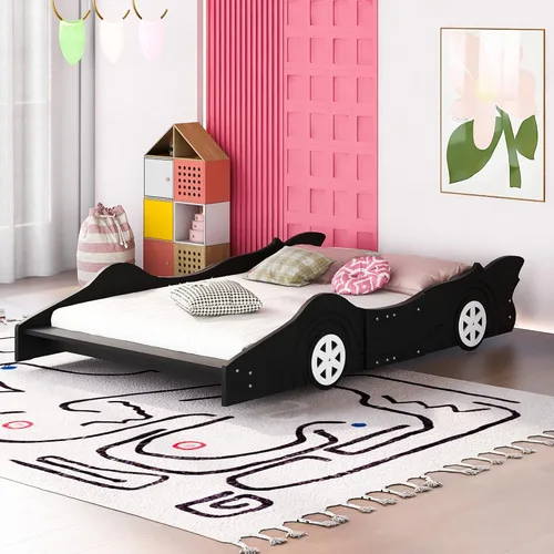 Vista 16 de Cama de plataforma en forma de auto de carreras con ruedas, cama de plataforma de madera tamaño individual con barandilla, cama de plataforma