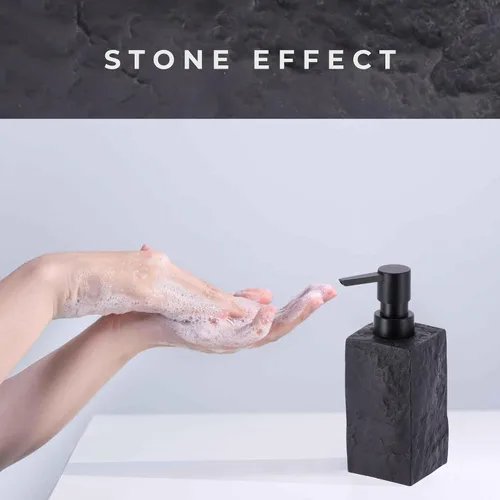 Vista 5 de Dispensador de jabón de manos y loción cuadrado de baño efecto piedra 9 Compacta, contemporánea, recargable para jabón, champú, encimera de cocina