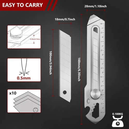 Vista 2 de BECOWIN Cuchillo multiusos 7 en 1, cortador de caja retráctil de acero inoxidable, cuchillo cortador resistente a presión con 10 cuchillas SK5