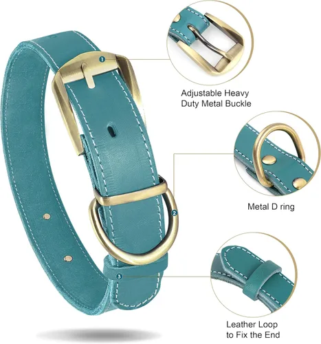 Vista 3 de Didog Collares de perro de cuero genuino con placa de identificación grabada, collar de perro de cuero suave personalizado con etiqueta