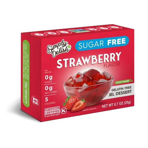 Simply Delish Postre natural de gelatina de fresa, sin azúcar, sin OMG, sin gluten, sin grasa, vegano, apto para dieta cetogénica, 0.7 onzas (0.7