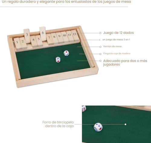 Vista 5 de Bits and Pieces - Juego de mesa grande Shut The Box - Juego de mesa 3 en 1 - Juego de mesa de 12 dados - Caja de juego de mesa de pub de madera - 2