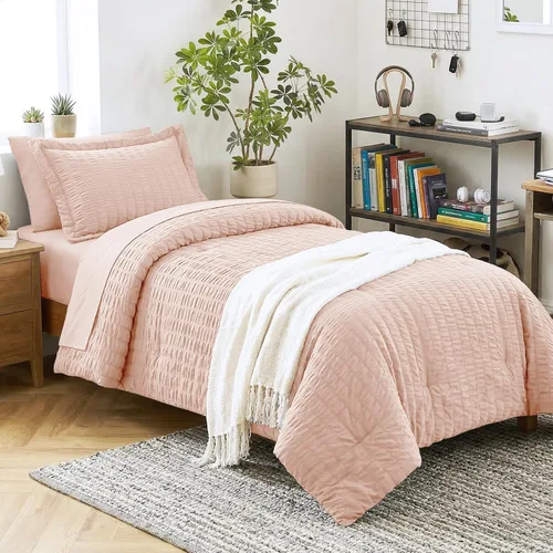 Vista 53 de CozyLux - Juego de edredón doble con sábanas de 5 piezas, color blanco con textura de sirsaca en una bolsa para niñas, juego de ropa de cama de lujo