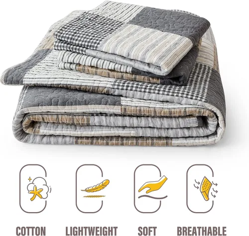 Vista 3 de Edredón de tamaño King, 100% algodón, edredón de tamaño King, color gris marrón, de retazos, ligero, reversible, para todas las estaciones, 3 piezas