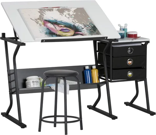 Vista 10 de Eclipse Ultra - Mesa de dibujo con taburete, parte superior ajustable en ángulo, estantes de almacenamiento y cajones de 2 piezas
