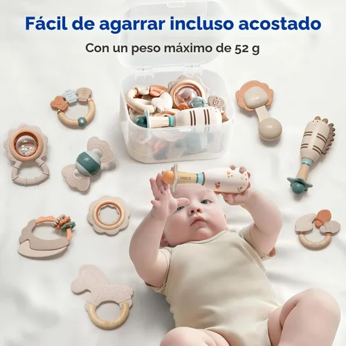 Vista 7 de Evoceler Juguetes de Dentición en Etapas de Suavidad para Bebés con Sonajeros para 0-6 Meses (30° Super Suave, 50° Suave, 70° Regular) - 10 Piezas