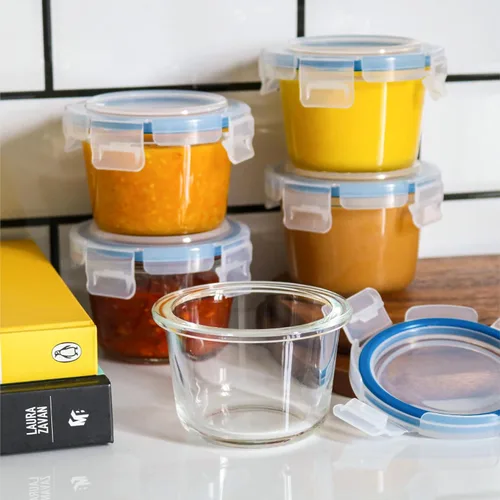 Vista 2 de Juego de 6 recipientes pequeños de almacenamiento de vidrio, recipientes de alimentos de 7 onzas con tapas antiderrames, frascos de vidrio gruesos