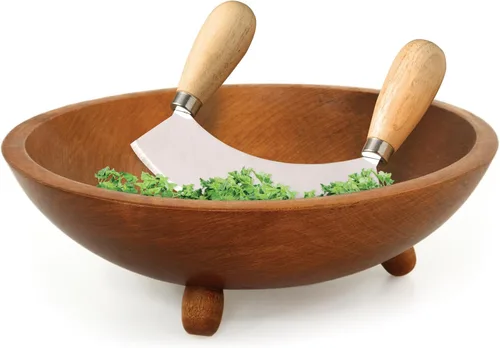 Vista 4 de HIC Kitchen Mezzaluna - Picador mecedor y cuchillo de picar con asas dobles, acero inoxidable, madera de caucho, para hierbas, verduras, nueces y más