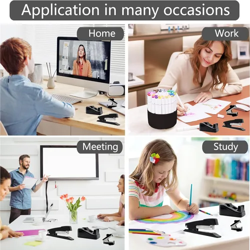 Vista 3 de Dimonluce Accesorios de escritorio de oficina, accesorios de oficina negros con dispensador de cinta, grapadora, removedor de grapas, 1000 grapas