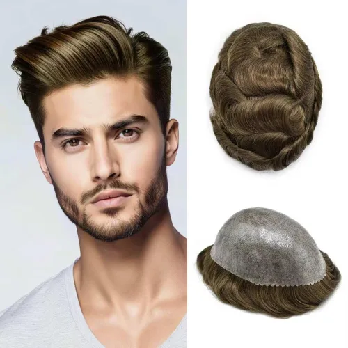 Vista 60 de Men's 8X10 All Poly Toupee Real Human Hair Replacement System, 0.1mm Thin Skin PU Injected Hairpiece, Scallop PU Front Natural Hairline #1 Jet
