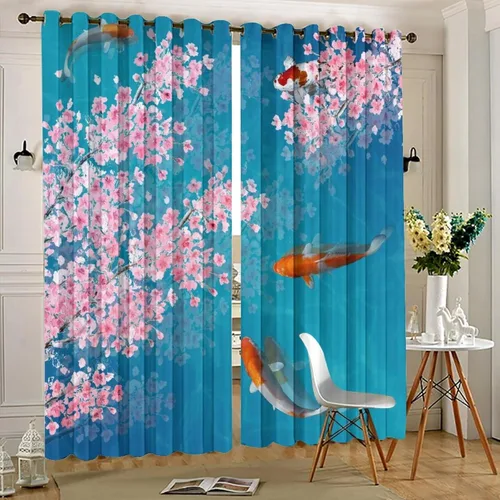 Vista 5 de Cortinas retro de pez japonés para dormitorio, estilo rústico, asiático, japonés, flor de cerezo, aislamiento térmico, oscurecimiento