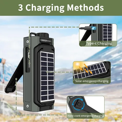 Vista 2 de Radio meteorológica NOAA/AM/FM con linterna, radio solar de manivela, carga USB tipo C, cargador de teléfono celular, alarma SOS, brújula