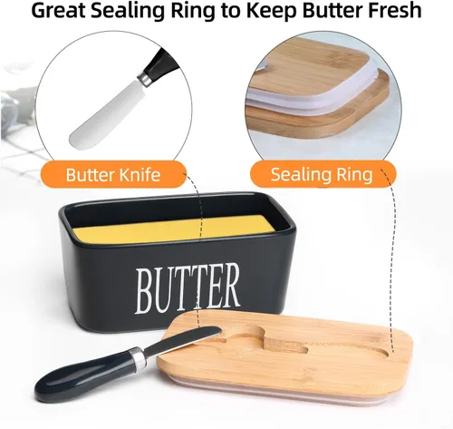 Vista 3 de Mantequillera de cerámica con tapa de madera, contenedor grande de mantequilla con esparcidor de cuchillo de acero inoxidable, cubierta de bambú