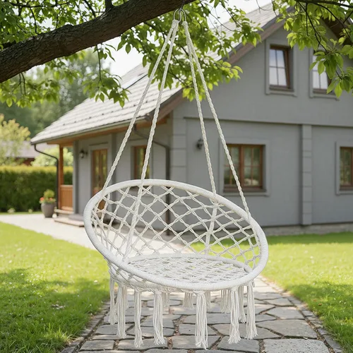 Vista 6 de Garpans Hamaca de macramé, estilo bohemio, hamaca con borlas, columpio colgante hecha a mano, cuerda de algodón tejida a mano para interiores y Beige