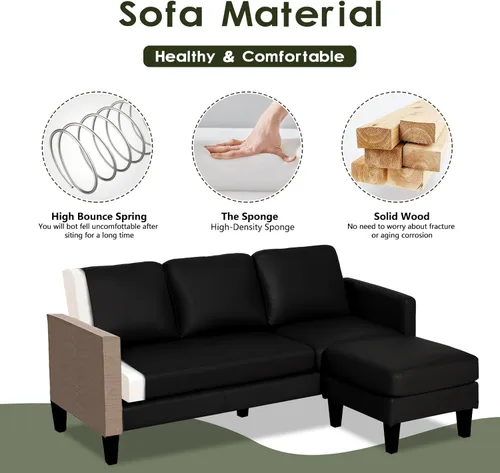 Vista 4 de Sofá modular convertible de cuero en forma de L con diván reversible, moderno sofá modular de 3 plazas para sala de estar, espacios pequeños