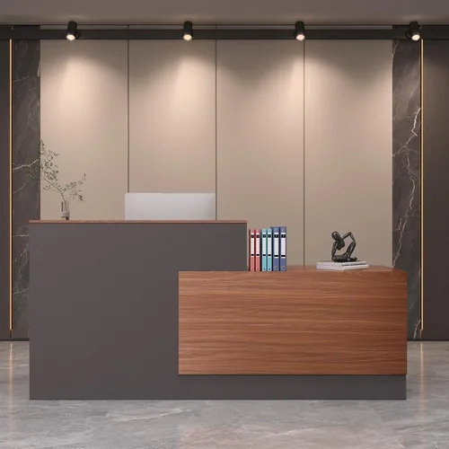Vista 15 de Escritorio de recepción en forma de L con cajones con cerradura, archivador ajustable y bandeja para teclado, mostrador frontal moderno
