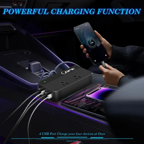 Vista 3 de BMK Inversor de corriente para auto, 200 vatios, corriente continua, 12 a 110 voltios corriente alterna, 4 puertos USB, adaptador de cargador