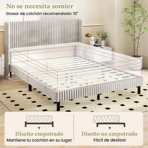 Vista 9 de Giantex Base de cama de terciopelo tamaño Queen, plataforma tapizada con cabecera vertical copetuda, base de colchón de soporte de listones