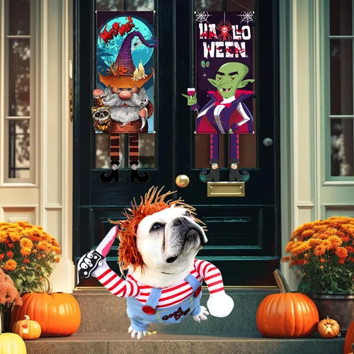 Vista 2 de Chucky - Disfraz divertido de muñeca mortal para perro, disfraz divertido para Halloween, Navidad, ropa de perro, disfraz de fiesta para perros