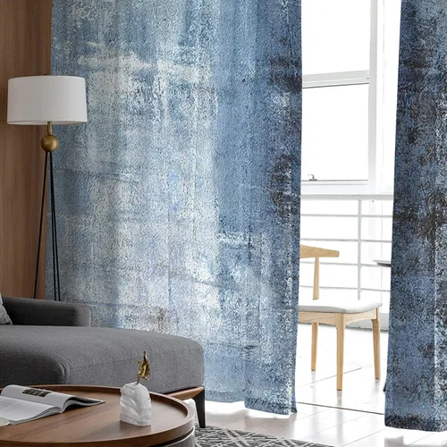 Vista 4 de Cortinas traslúcidas azules abstractas de 84 pulgadas de largo, juego de 2 paneles y cortinas semicortinas grises con bolsillo para barra de cocina