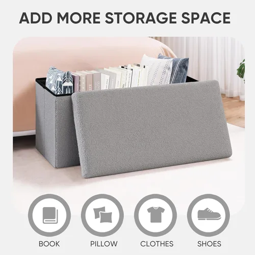 Vista 106 de PINPLUS Otomanas otomanas de almacenamiento con forma cuadrada con reposapiés de almacenamiento para sala de estar, asiento otomano Boucle para Gris