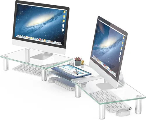 Hemudu Soporte para monitor dual: longitud y ángulo ajustables, soporte elevador de monitor dual, organizador de escritorio para PC, computadora,