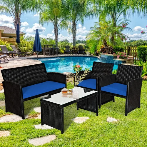 Vista 2 de Tangkula Juego de muebles de mimbre para patio de 4 piezas, juego de sofá y mesa Patiojoy con 4 asientos, juego de sofá de ratán al aire libre