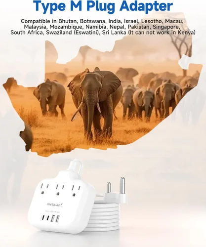 Vista 7 de Adaptador de Enchufe de Sudáfrica, Adaptador Tipo M para Sudáfrica con 3 Tomas de CA y 4 Puertos USB (2 USB C) 15.5W, Cable de Extensión de 3FT