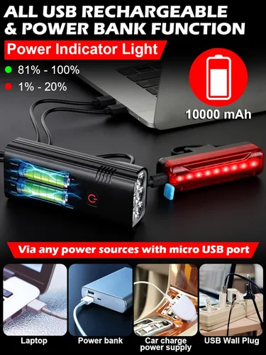 Vista 5 de Luces de bicicleta de alto lúmenes delanteras y traseras para conducción nocturna, 10,000 mAh USB recargable 6 luces LED para bicicleta, 5+5 modos