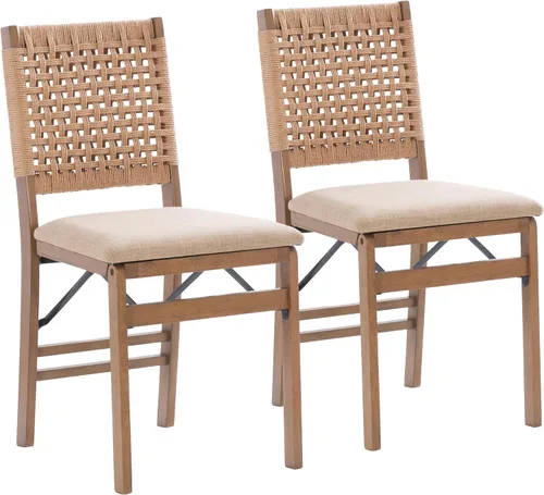 Linon Bennett - Juego de 2 sillas plegables naturales con respaldo de cuerda tejida y asiento tapizado de lino