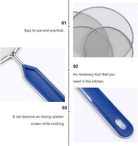 Vista 6 de 4 piezas de acero inoxidable cubierta de aceite de malla de metal protector de salpicaduras de aceite con asas azules resistente al calor protector