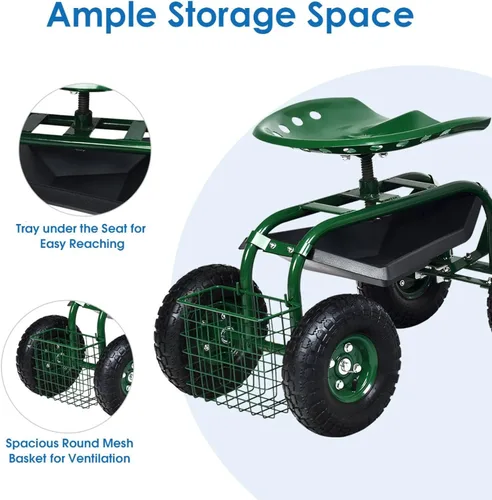 Vista 5 de IRONMAX - Asiento de trabajo de jardín con ruedas, taburete de jardinería resistente con asiento ajustable en altura, barra de dirección, bandeja