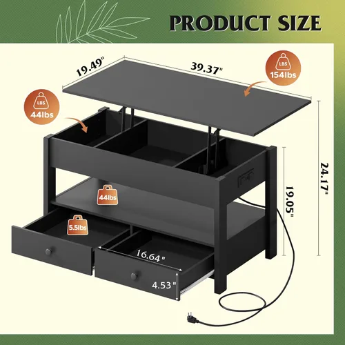 Vista 3 de WLIVE Mesa de Centro, Mesa de Centro con Tapa Elevable con 2 Cajones, Luz LED, Gran Almacenamiento y Estante Abierto, Tapa de Mesa Elevable