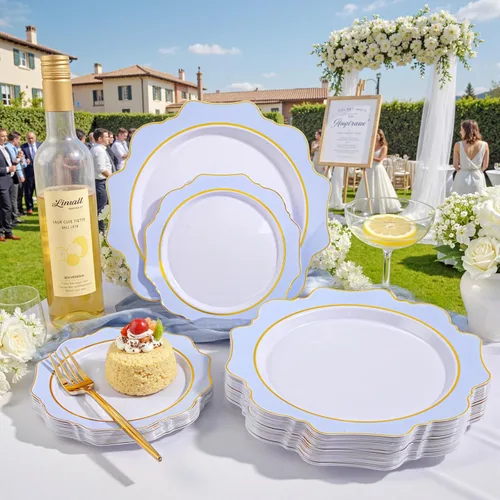 Vista 5 de WDF 100 piezas de platos de plástico azul - Platos desechables azul claro - Platos de plástico con borde festoneado resistente