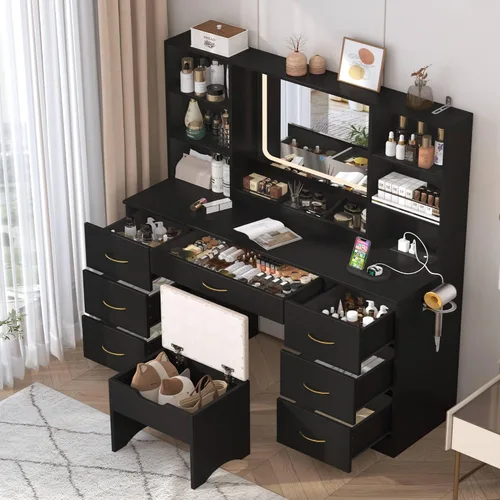 Vista 5 de chartustriable Escritorio grande de maquillaje de 47 pulgadas con espejo LED inteligente y estación de carga, juego de mesa negra con taburete Negro