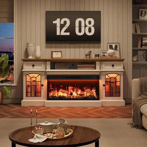 Vista 5 de QUW - Soporte de TV con chimenea estilo granja de 70" para televisores de hasta 80", centro de entretenimiento con chimenea eléctrica de 36" de 3